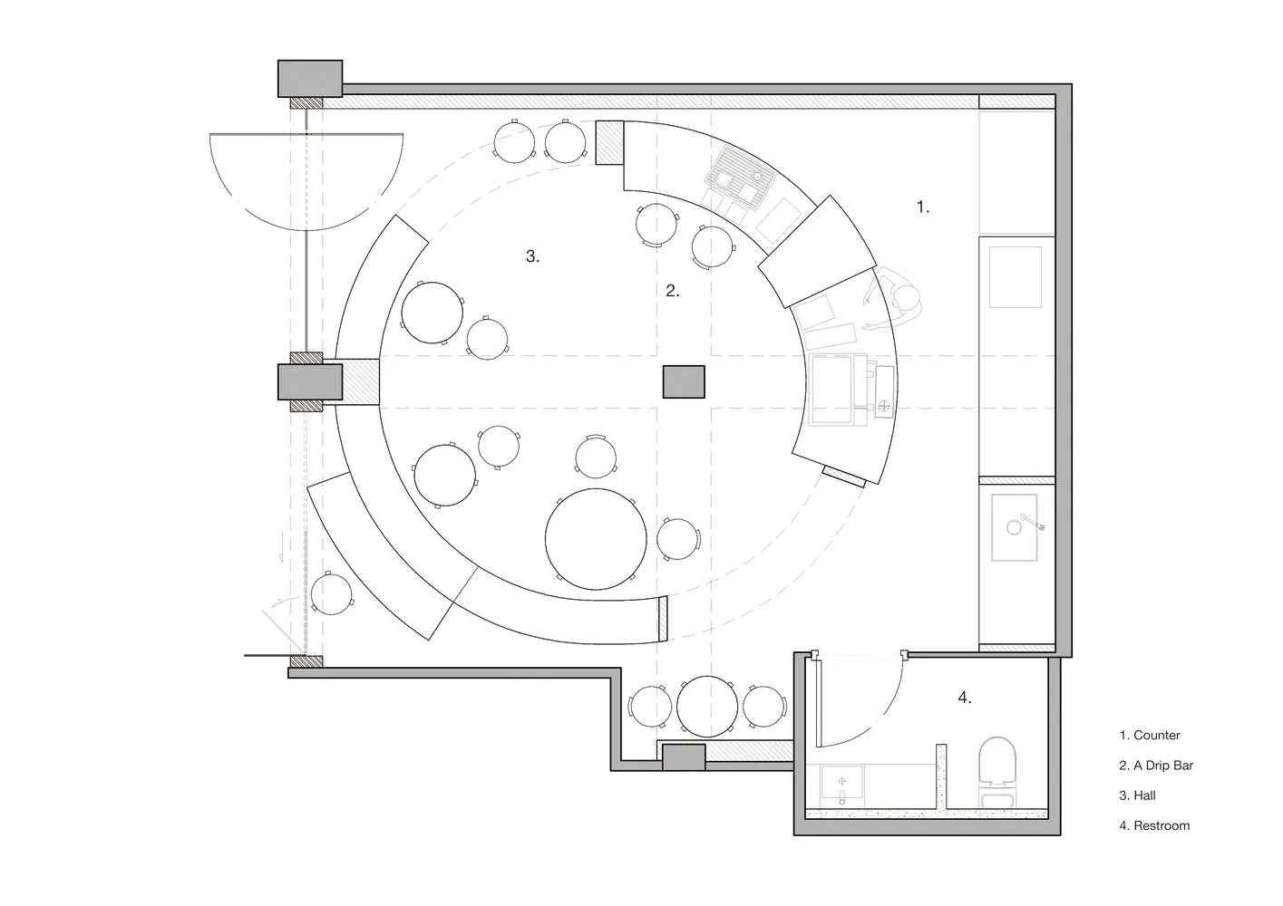 Modern living area with a circular design, featuring a dining table, kitchen, bathroom, and multiple couches, creating a comfortable and functional space