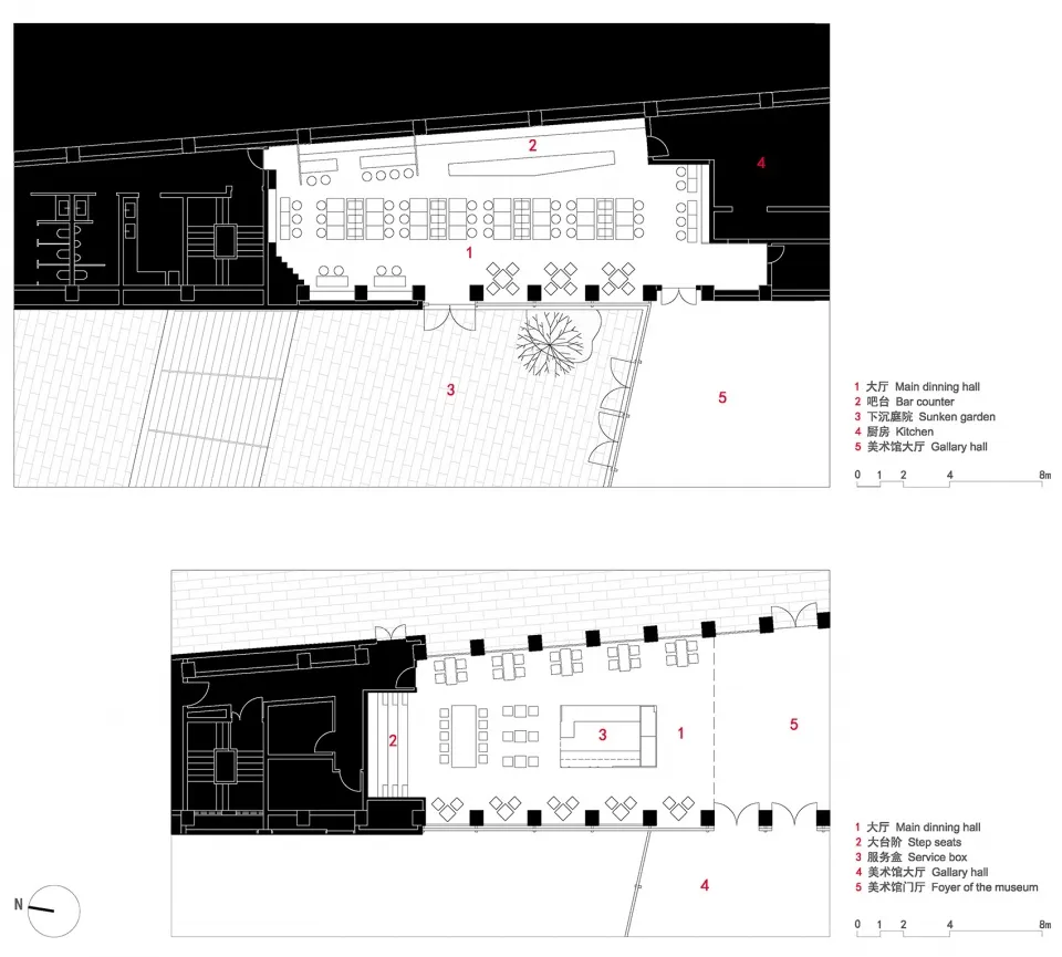 2D floor plan of a large interior space with multiple dining areas, tables, chairs, couches, and benches