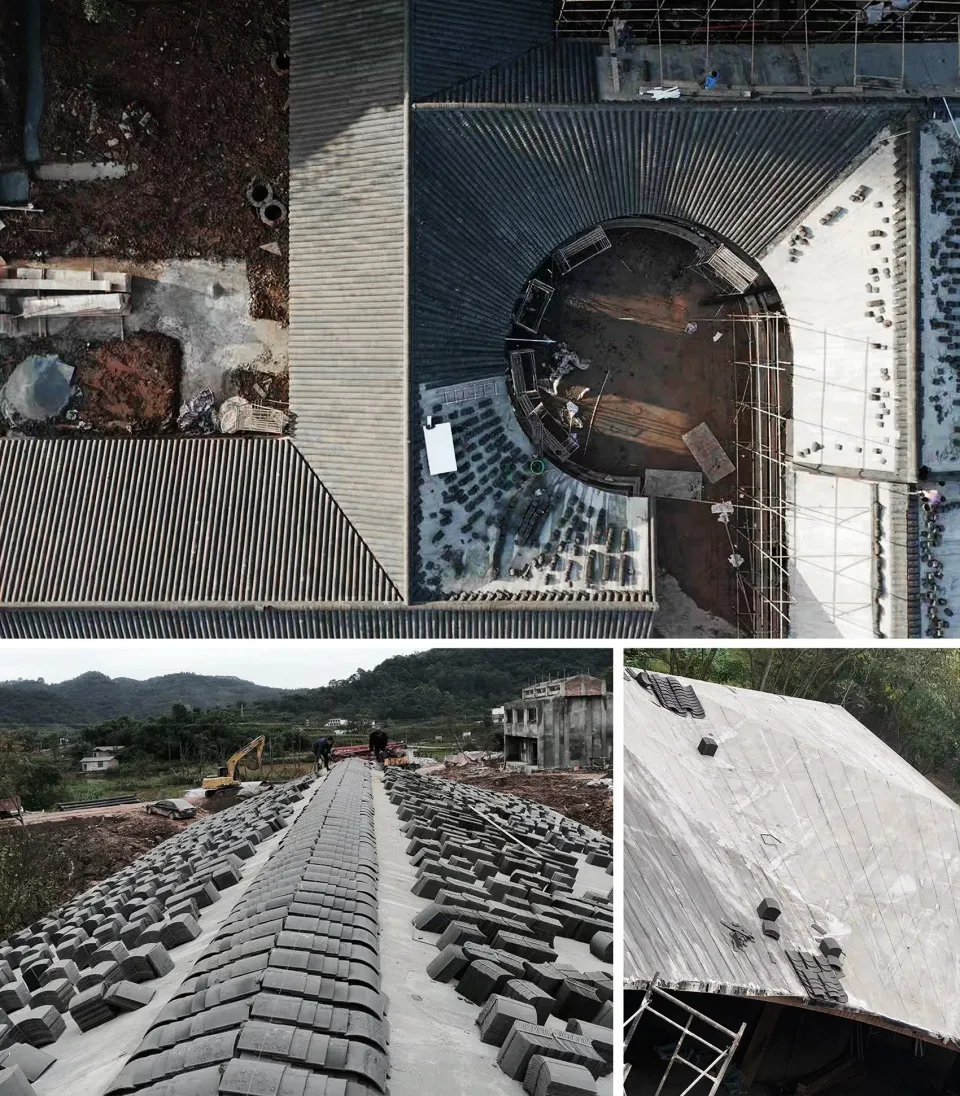 Four images showcasing various stages of construction on an unfinished building, including workers, interior views, and exterior details