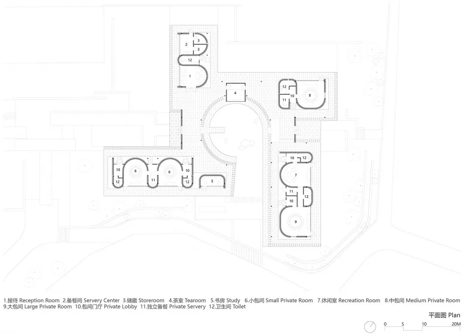 現代建築的2D平面圖，具開放空間、白牆與明確分區