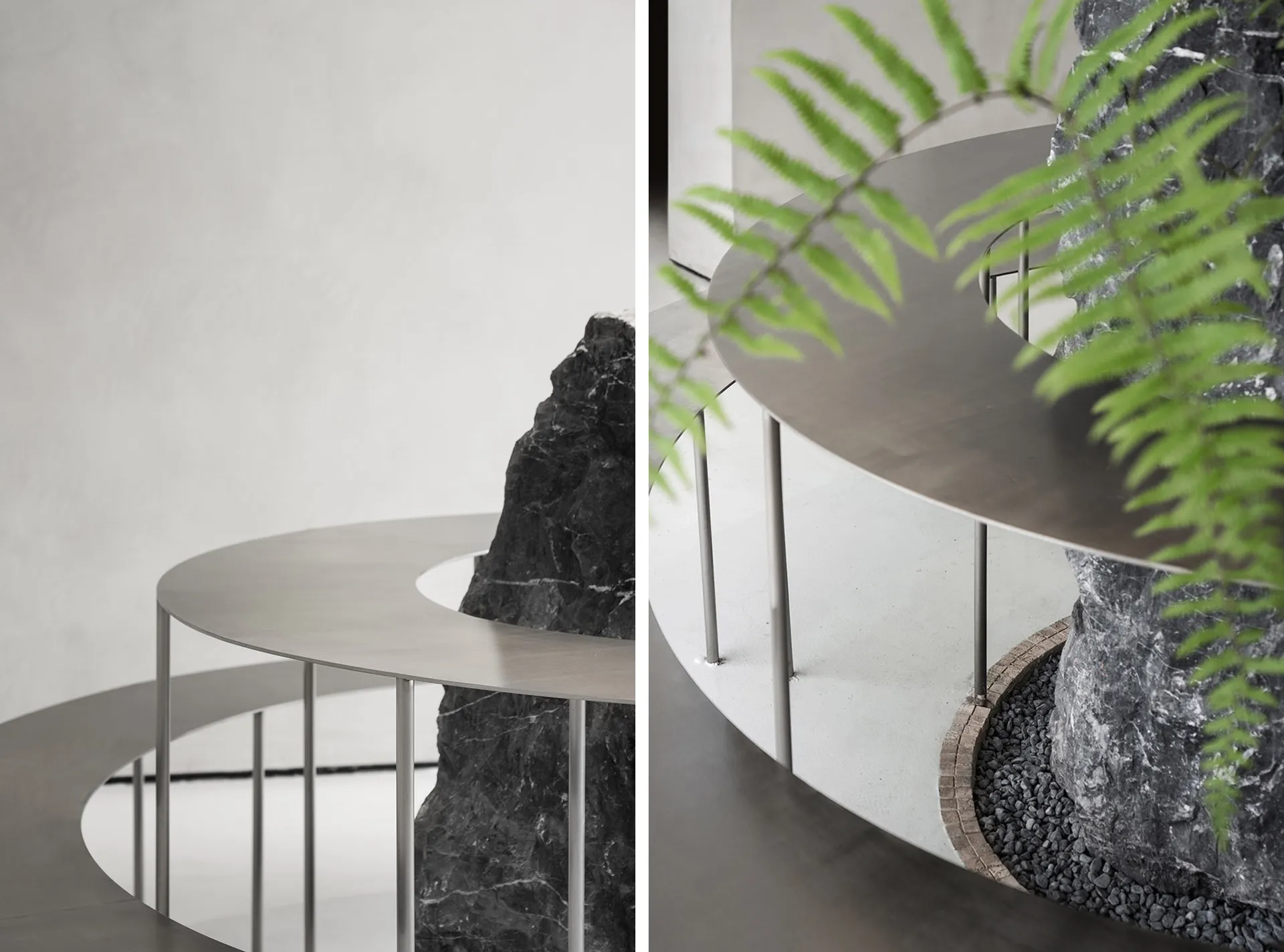 A modern living space with two large rocks and a potted plant, featuring clean lines and minimalistic design elements