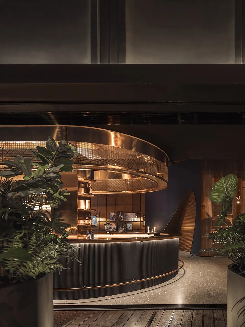 Cozy bar area with a wooden counter, sink, and potted plants, surrounded by bottles and creating a warm atmosphere