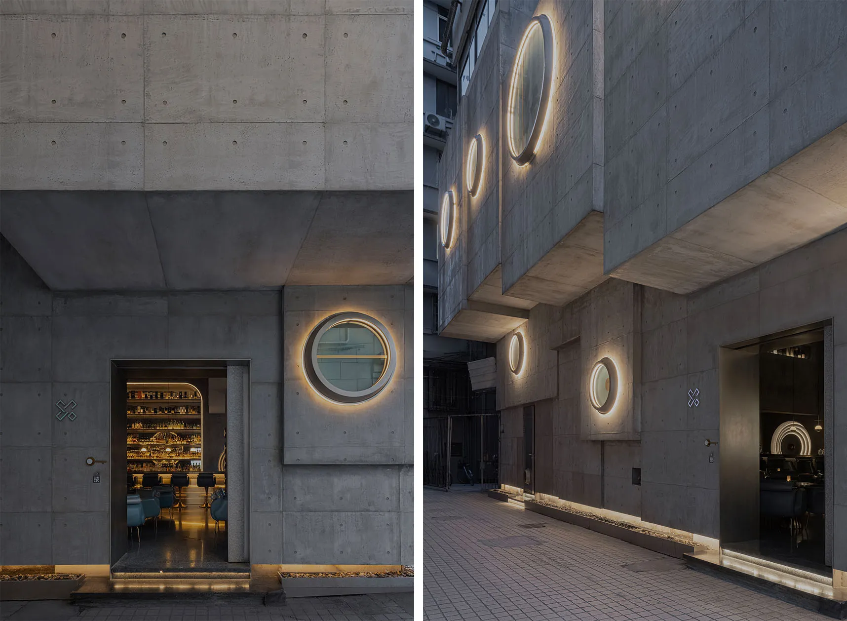 Modern building with concrete exterior, round windows, and chairs and bottles in a gathering space