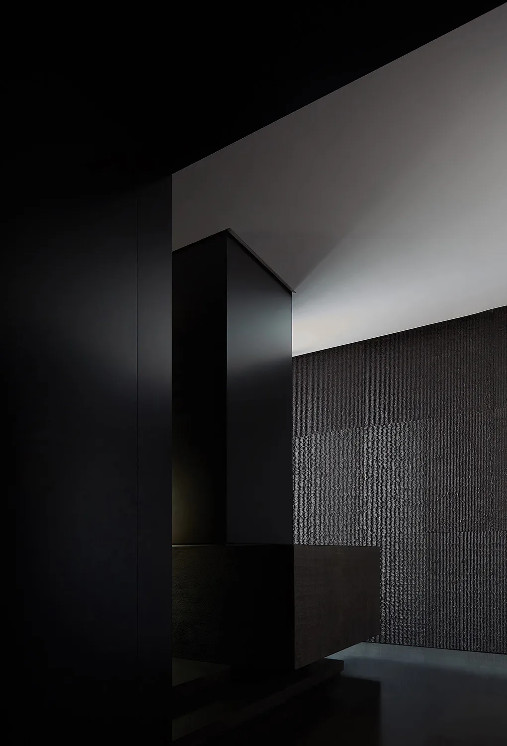 Dark and moody interior space with a black wall, white ceiling, and two pillars