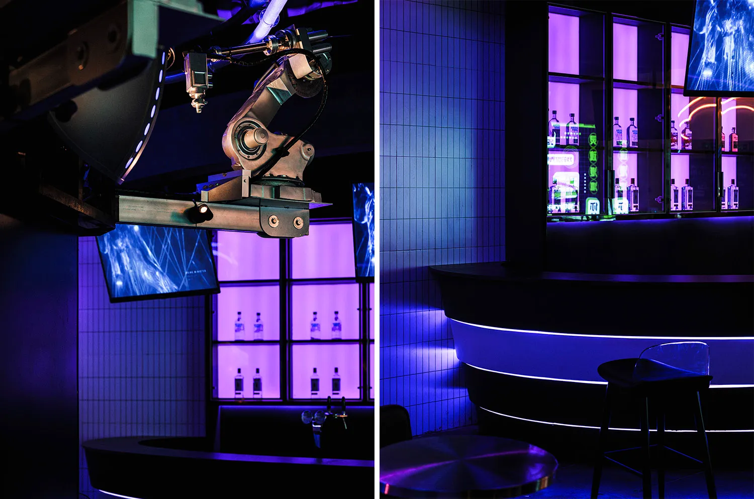 A bar area with wooden accents and glassware, featuring a lively atmosphere with bottles in various positions, well-lit with natural or artificial light