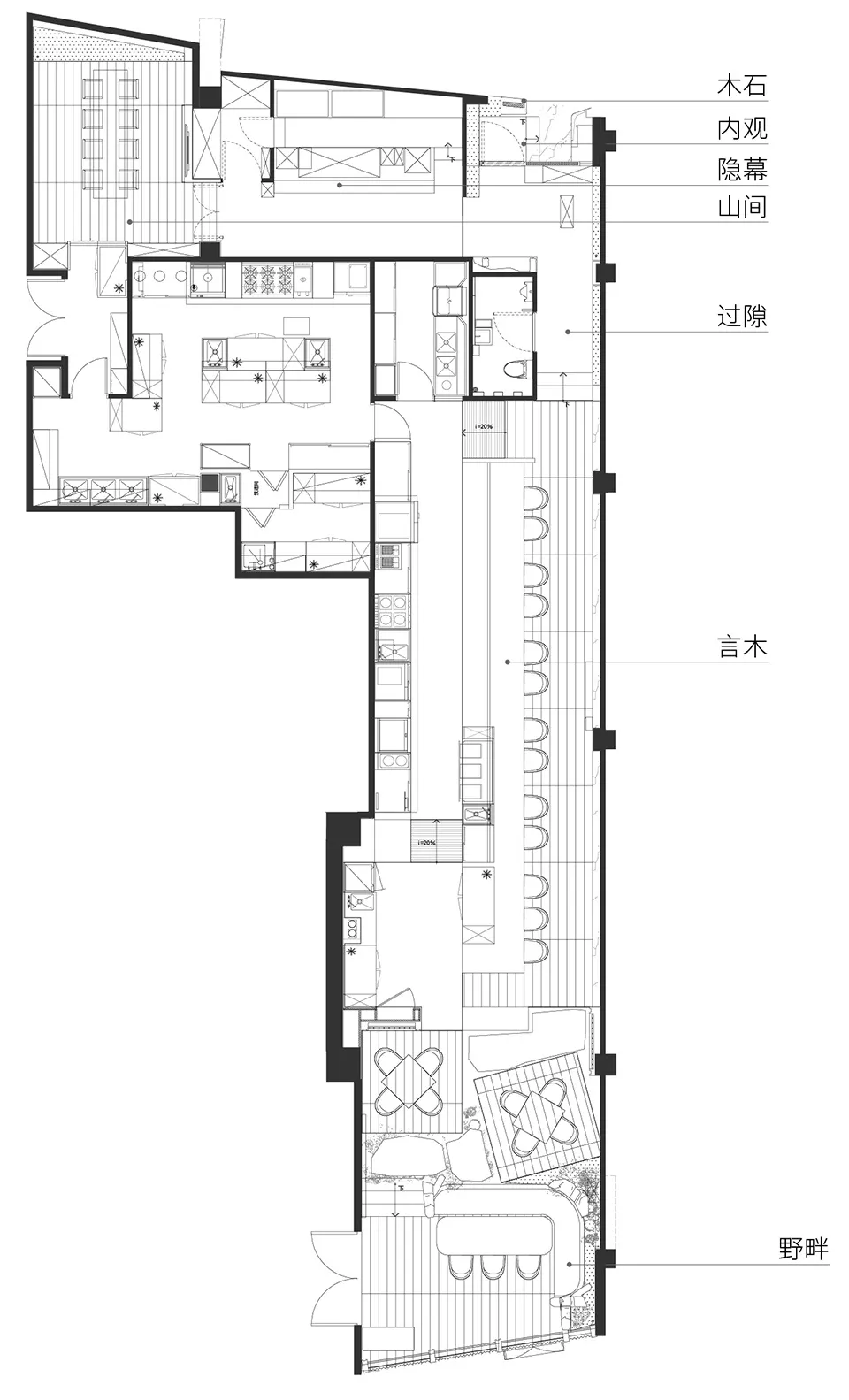 傳統住宅的黑白平面圖，融合開放與封閉空間，包含廚房、餐廳、客廳與臥室