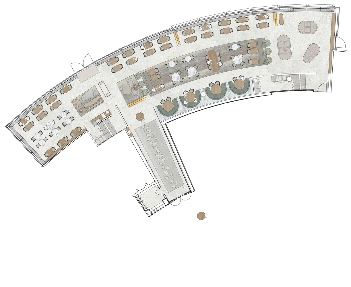 2D floor plan of a modern restaurant with dining areas, tables, chairs, and potted plants
