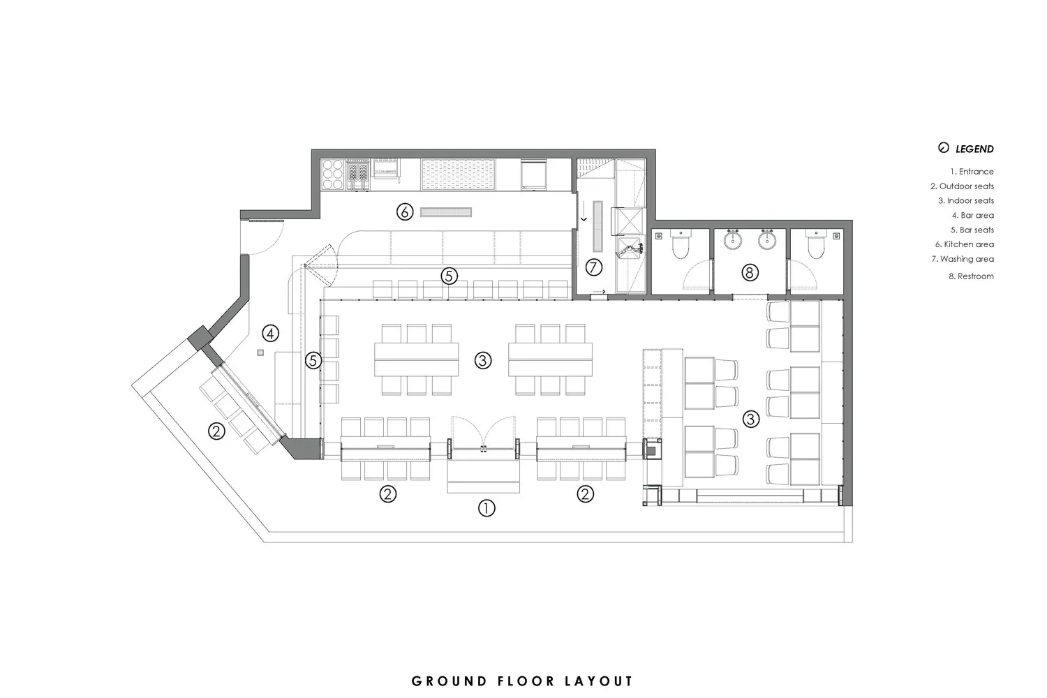 2D floor plan of a modern restaurant with various rooms and clear indications of different spaces and their functions