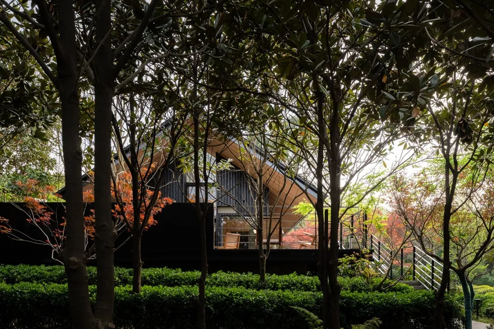 A serene photo of a house with a wooden exterior, surrounded by trees and natural foliage