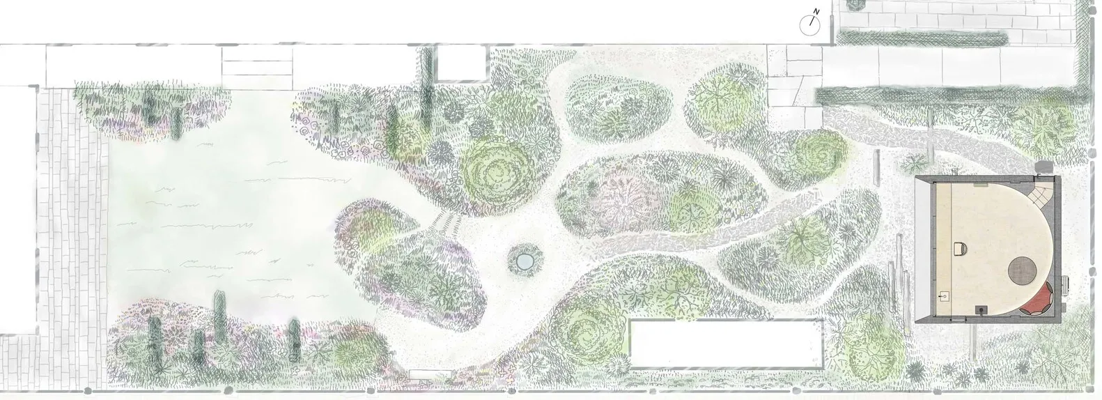 寧靜公園內有池塘、周圍環繞樹木、一座橋樑，以及精心維護的景觀
