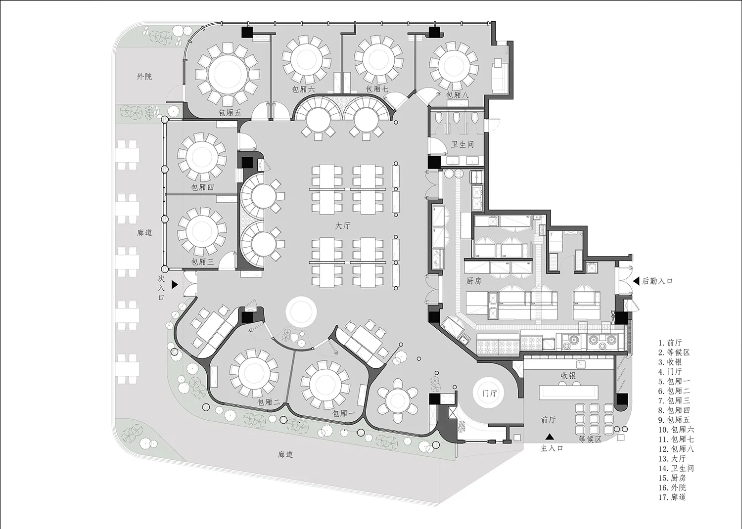 現代飯店的 2D 平面圖，包含多間房間與走廊，具備家具配置與線稿細節