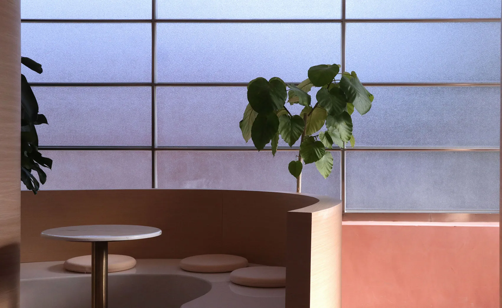 Warm and inviting cafe with wooden walls, tables, and chairs, featuring a large potted plant and cozy atmosphere