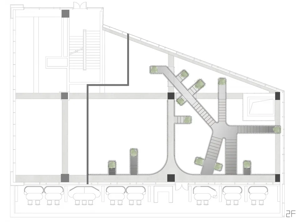 A modern interior space with multiple levels, featuring chairs and a focus on functionality and comfort