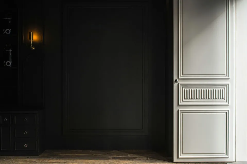 A dark interior doorway with an open door, revealing darkness beyond