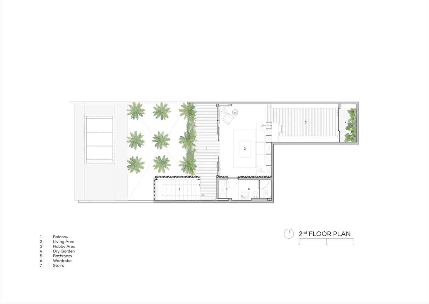 現代兩層樓住宅，前方設有露台區，具備大小窗戶、盆栽植物，強調開放空間與自然元素