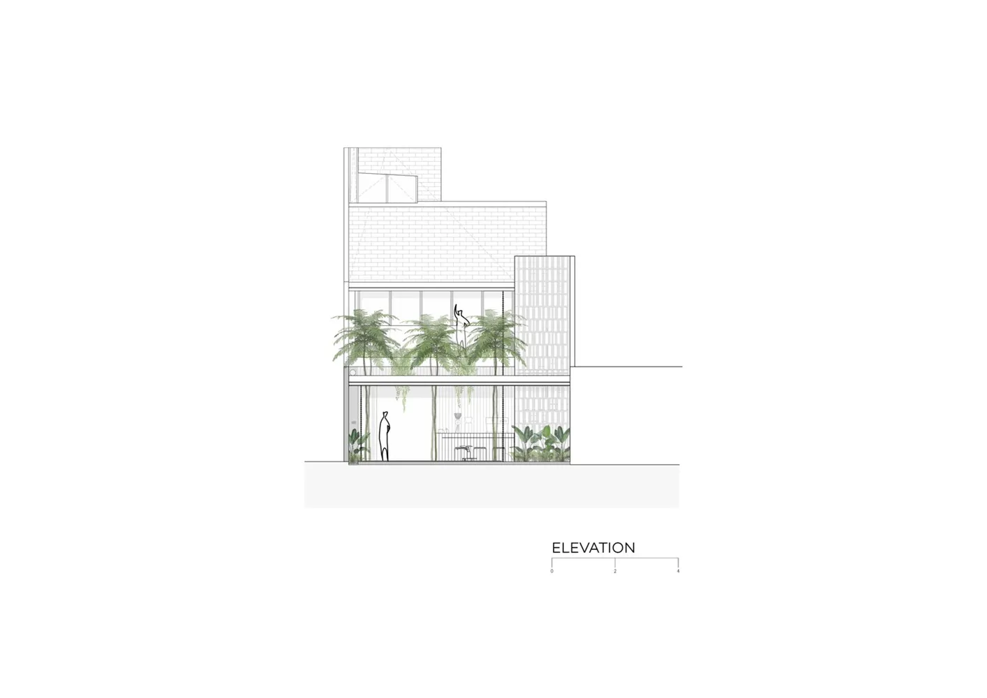 A modern building with a large window and palm trees in front, set in a tropical environment