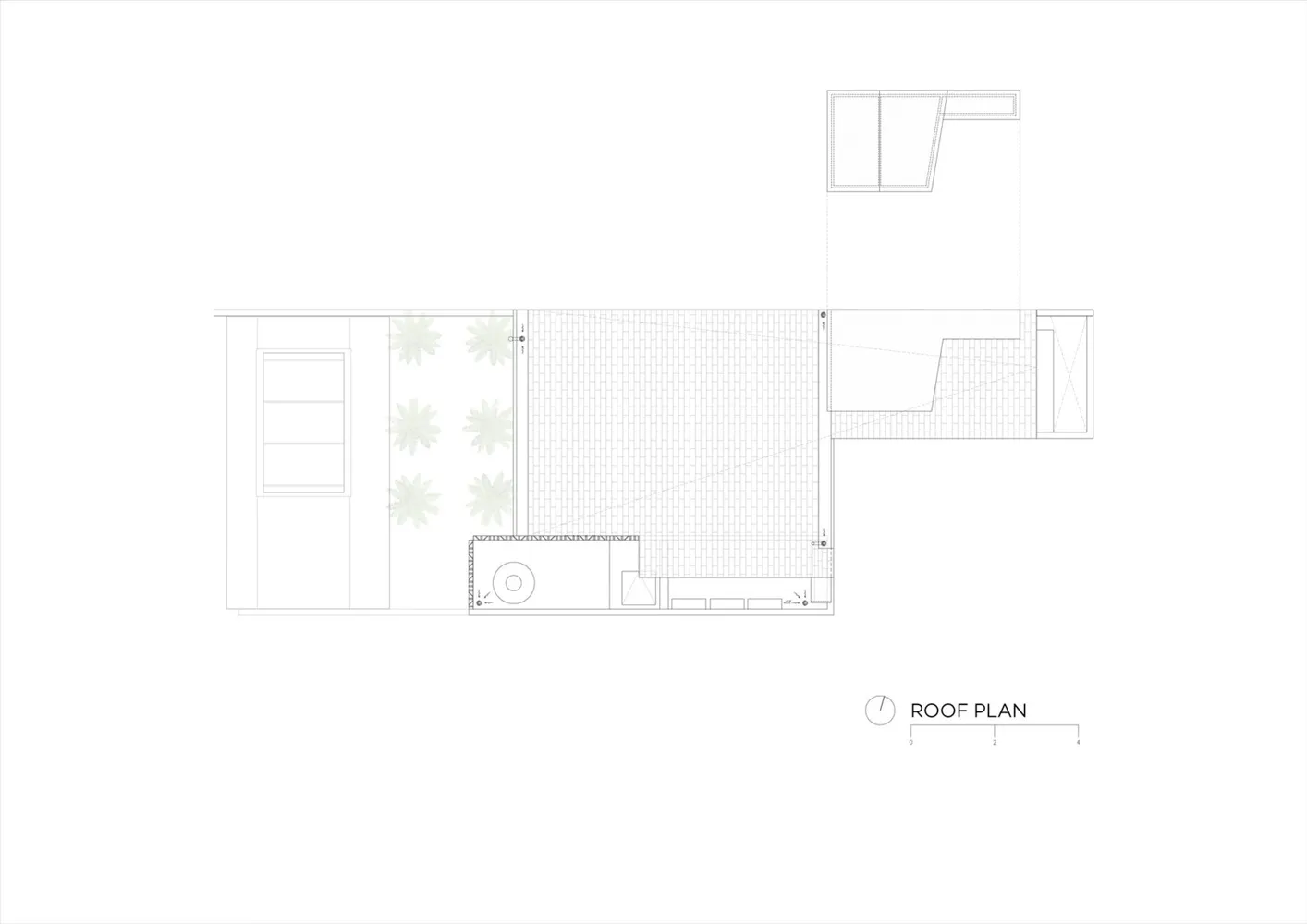 White floor plan drawing of a modern home with a living area, kitchen, bedroom, and bathroom, featuring furniture and clear dimensions