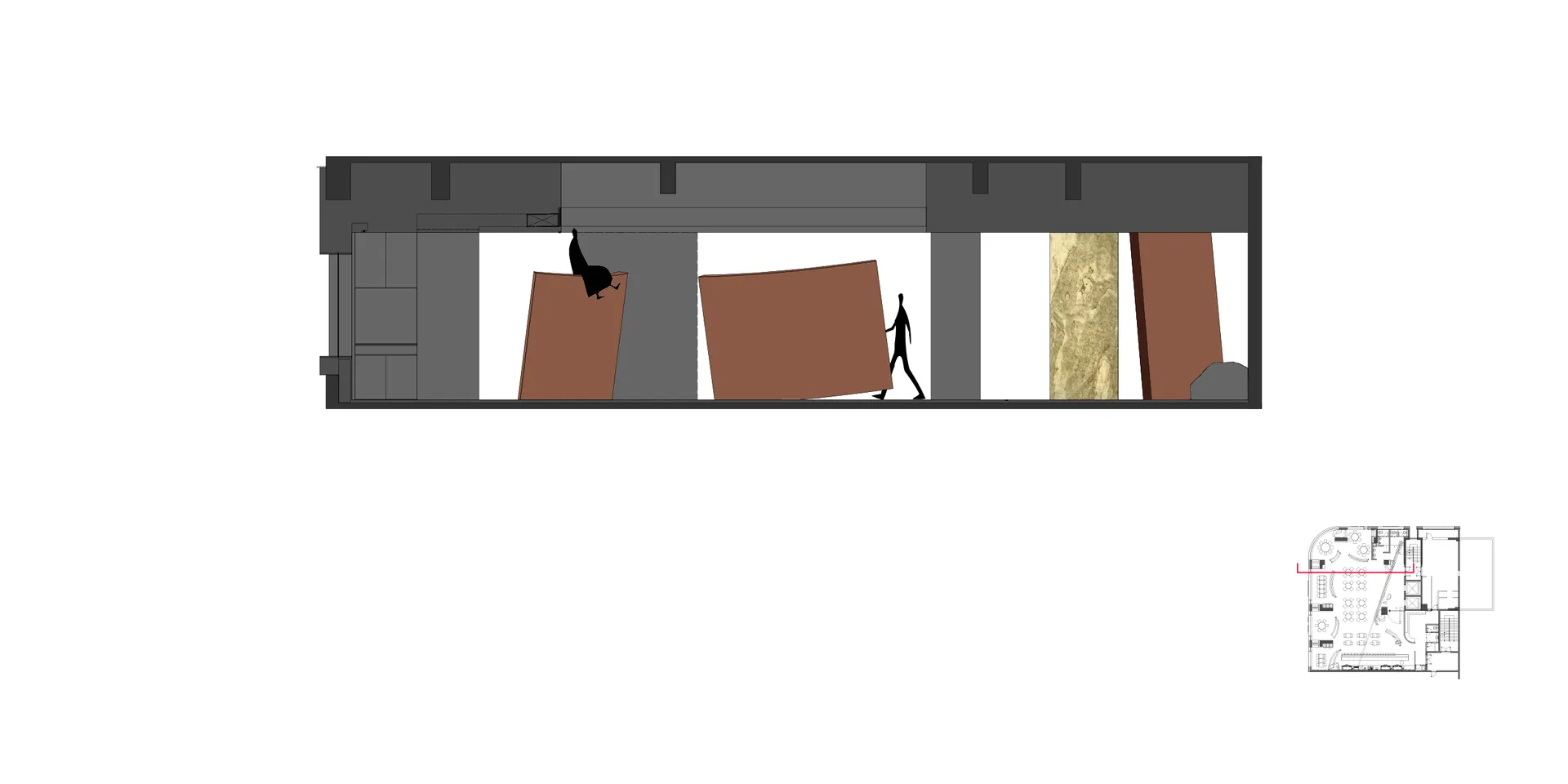 A museum or gallery interior with wooden panels on display, arranged in various positions and creating a visually interesting effect