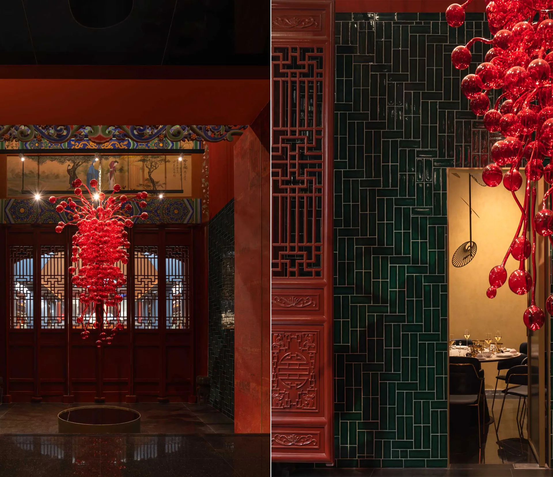 A restaurant with a red room featuring a dining table, chairs, vases, potted plants, and bowls, with a top-down floor plan layout and dimensions