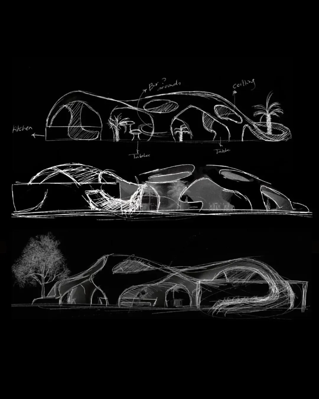 Three conceptual architectural drawings showcasing modern, traditional, and futuristic designs