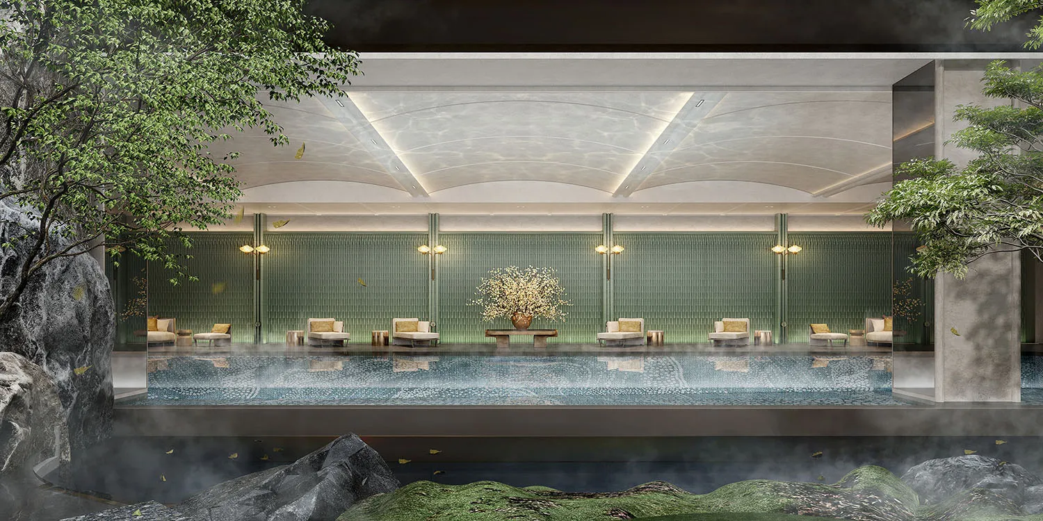 A large indoor pool surrounded by chairs and vases, creating a relaxing atmosphere for leisure activities