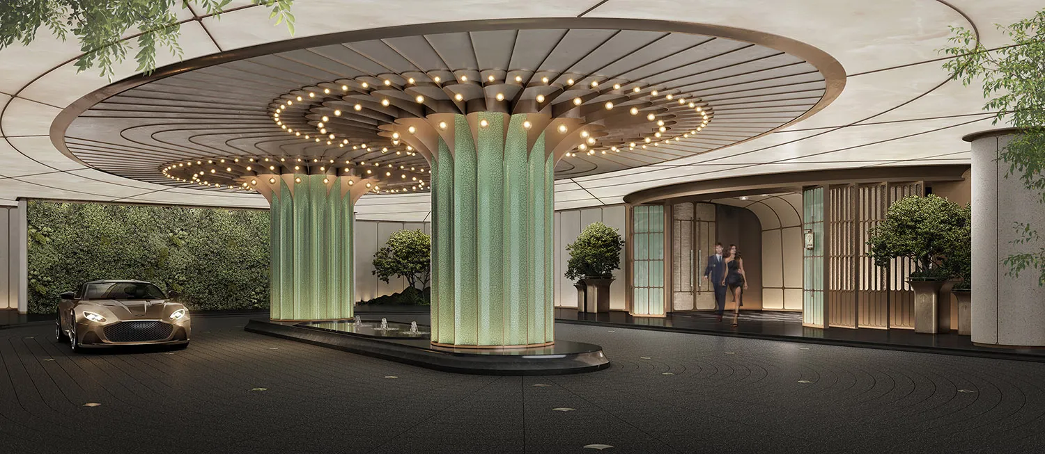 A modern lobby with a circular design, columns, and potted plants, featuring a mix of white and green elements