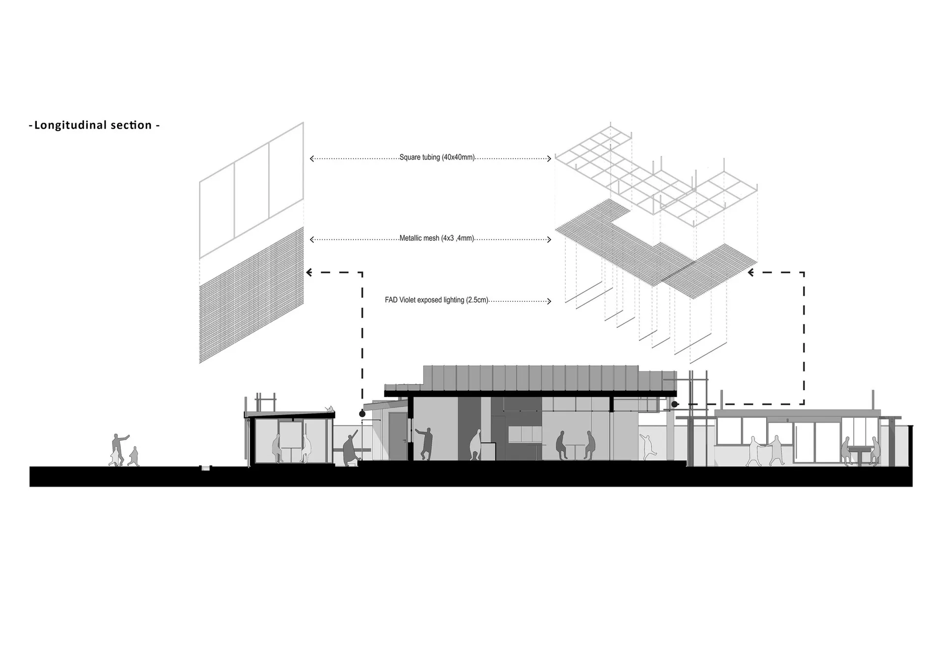 2D floor plan of a modern building with dining and living areas, labeled with dimensions and linework