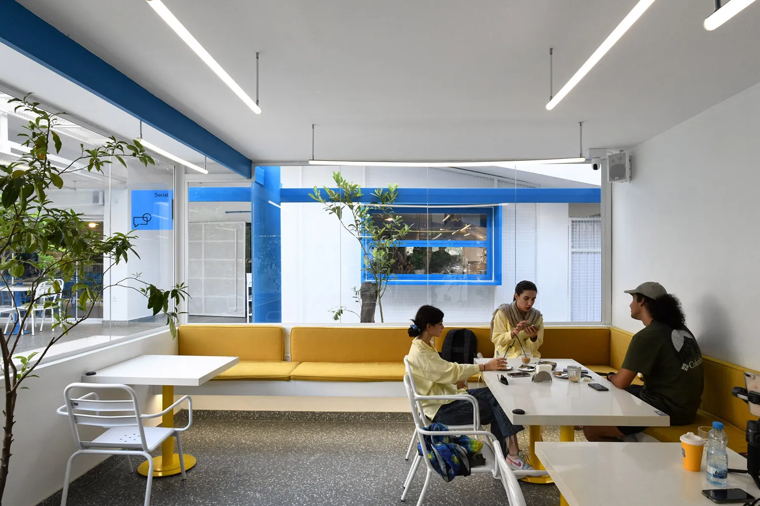 A cozy cafe with potted plants and multiple tables for dining, featuring patrons enjoying beverages and meals