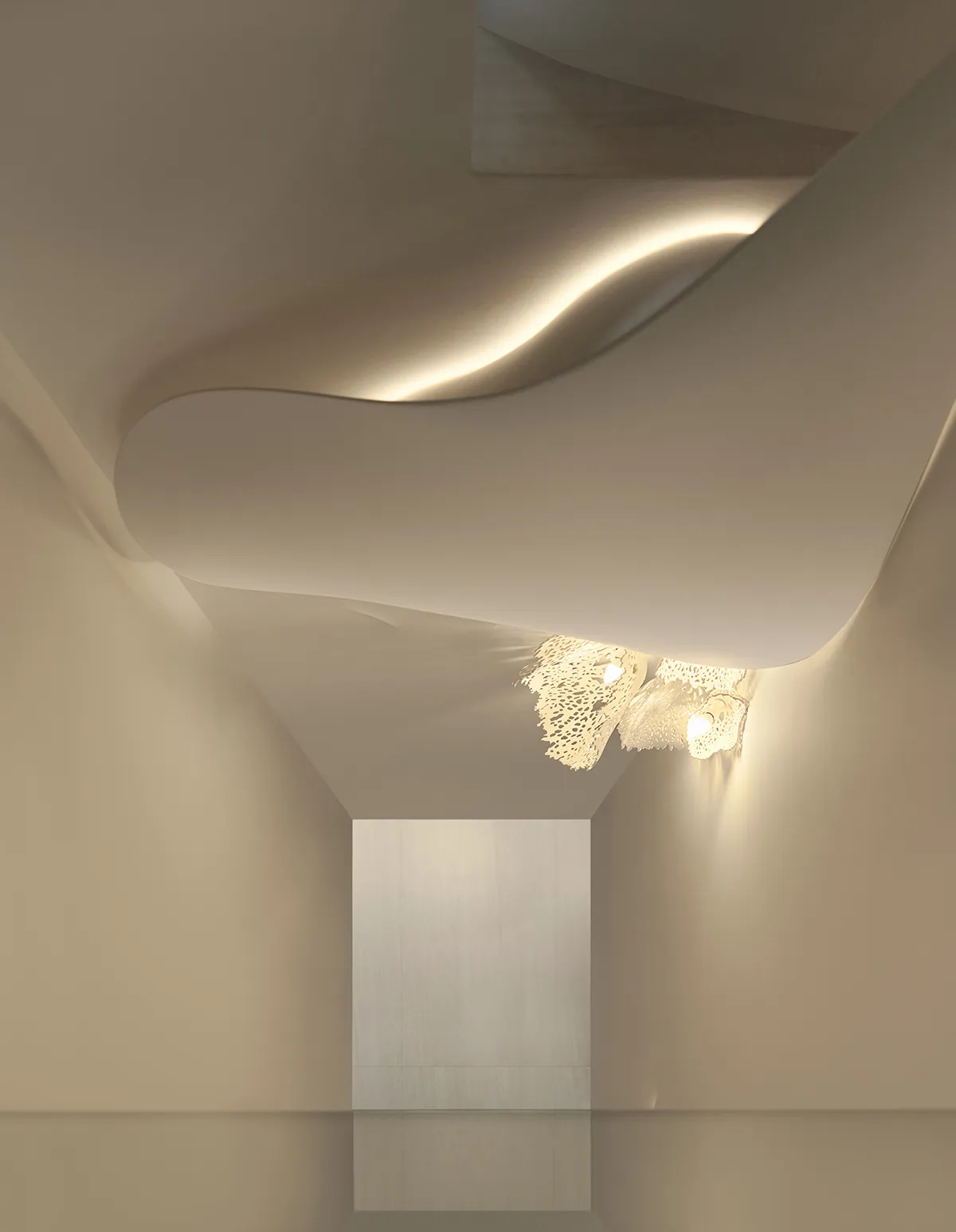 A modern interior design concept featuring a white staircase with a wooden handrail, curved stairs, and two lights on either side of the stairwell