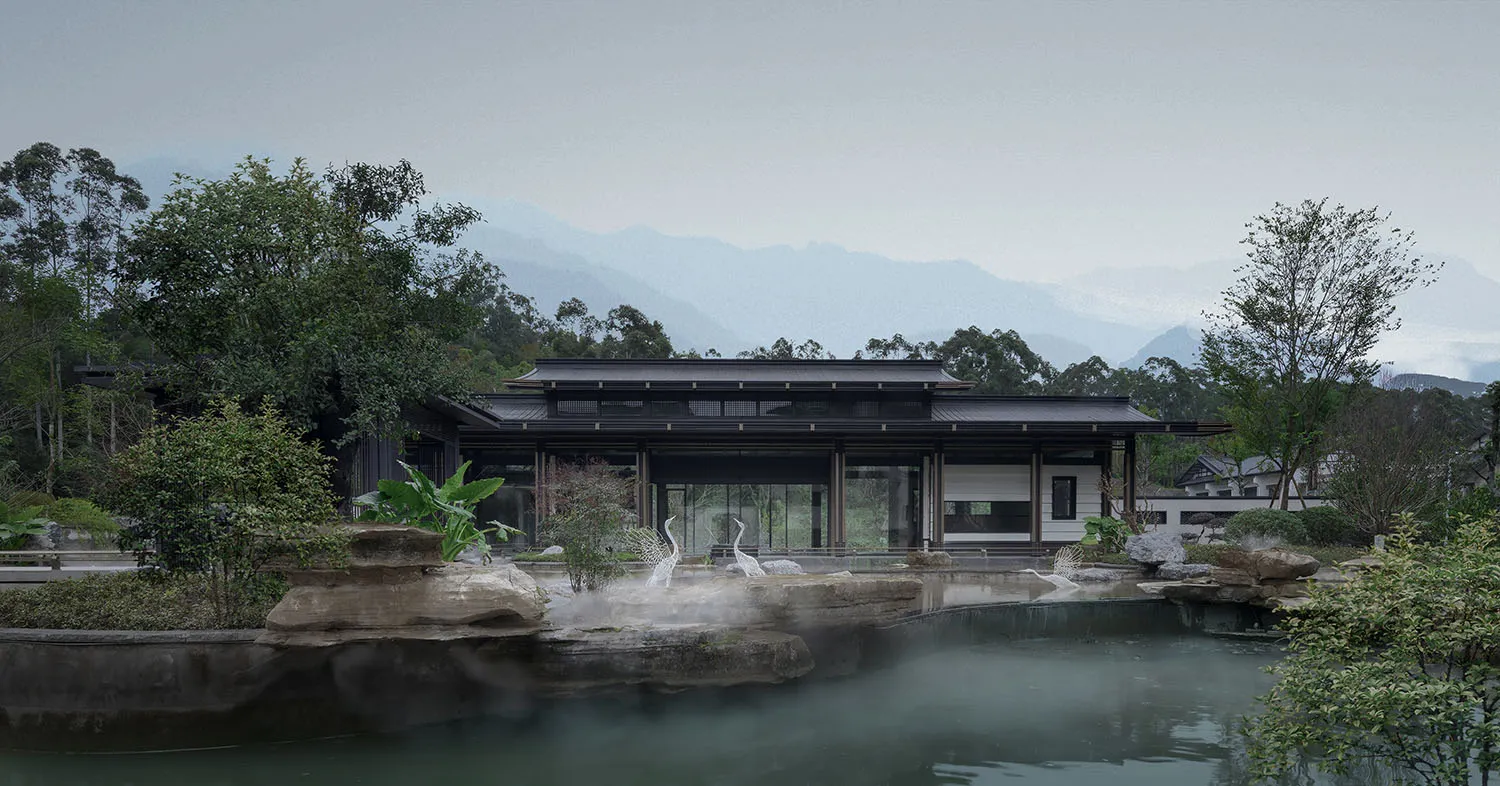 寧靜湖畔亞洲風住宅，內含多處房間、座椅與盆栽