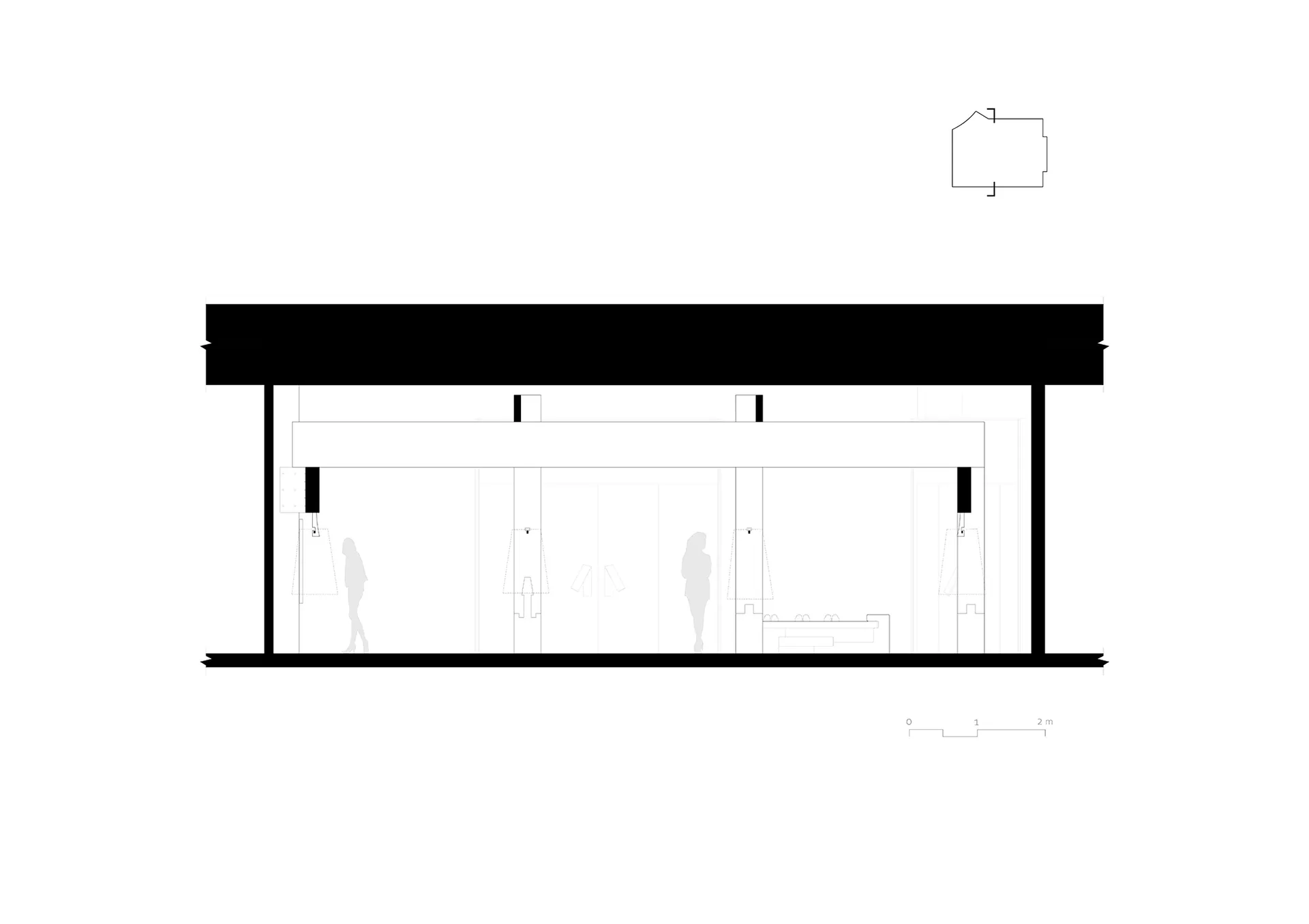 A modern interior space with clean lines, minimalistic design, and well-lit atmosphere, featuring multiple rooms and two people