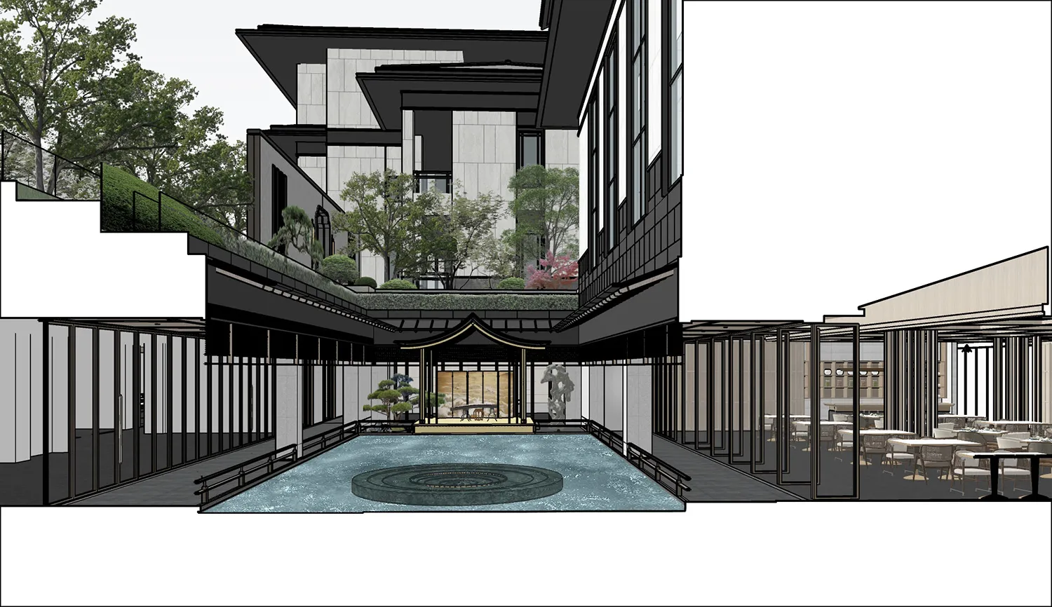 A modern resort building with a central circular pool, multiple levels, benches, and potted plants, conveying a sense of relaxation and leisure