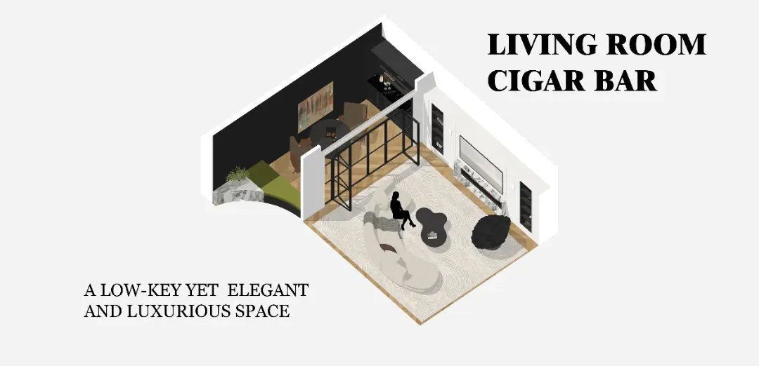 Modern living room with black and white color scheme, natural light, two couches, three chairs, and a mounted TV