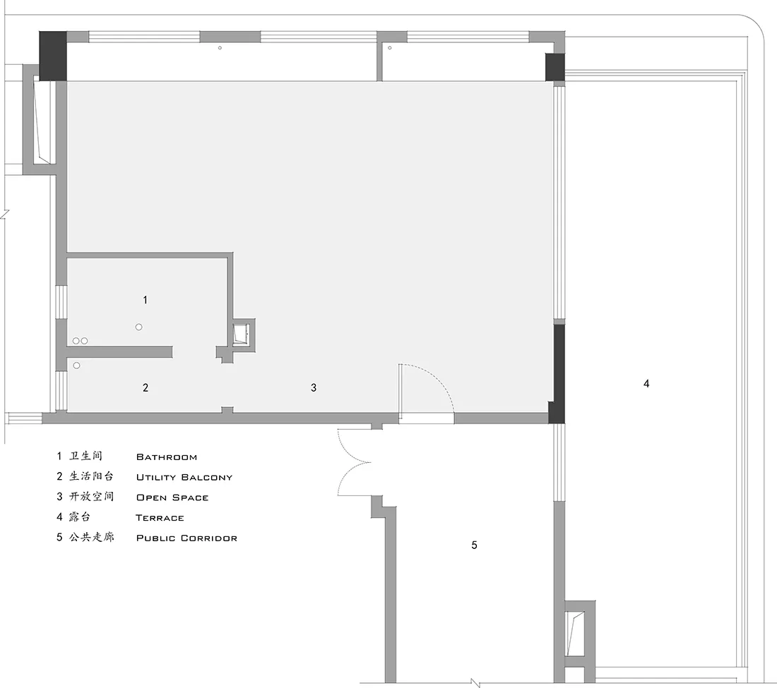 2D floor plan of a modern house with various rooms and spaces labeled in English and Chinese, featuring clean lines and minimalistic design elements