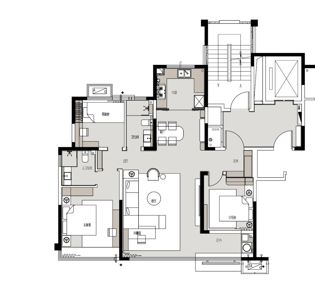 Architectural rendering of a modern home with a kitchen, living room, and multiple bedrooms, showcasing a comfortable and functional living environment