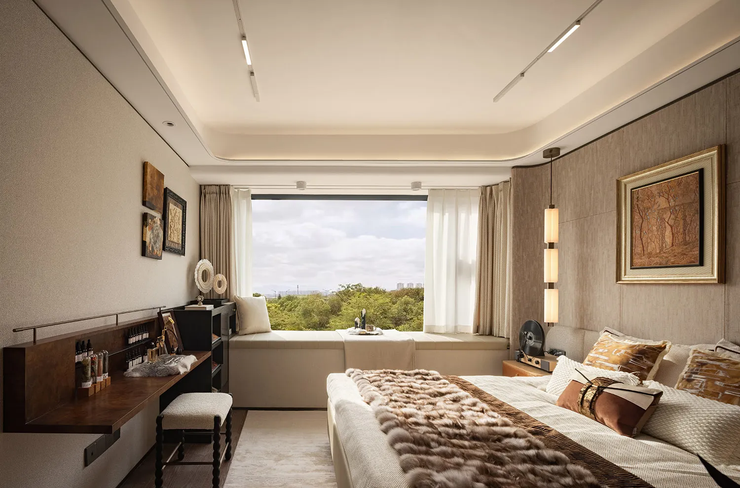 Cozy bedroom with a white fur throw, large window, two chairs, and a dining table, offering a luxurious and comfortable living environment