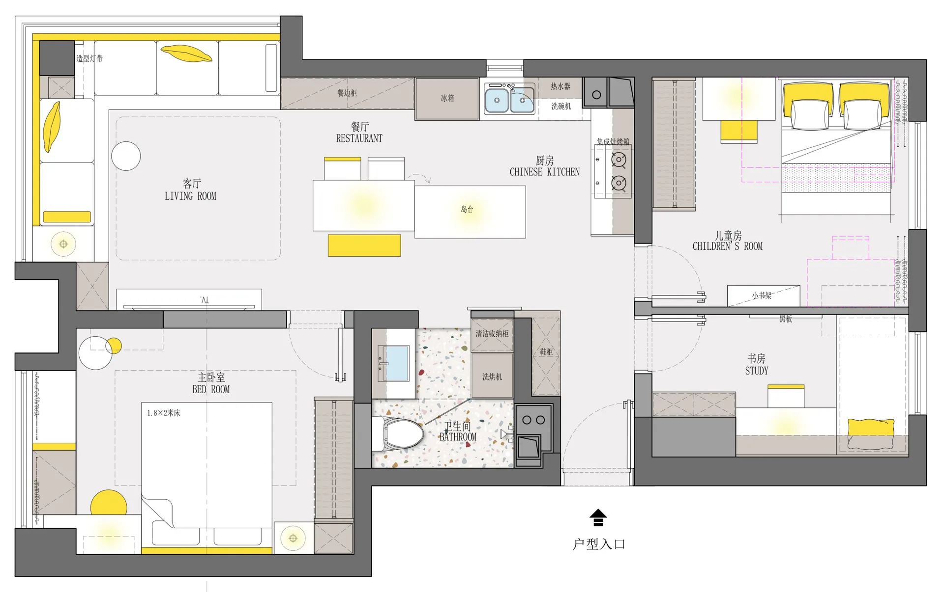 Asian-inspired interior design with a large open-plan living area featuring a yellow accent wall, multiple chairs, a couch, kitchen, dining table, and bedroom with a bed