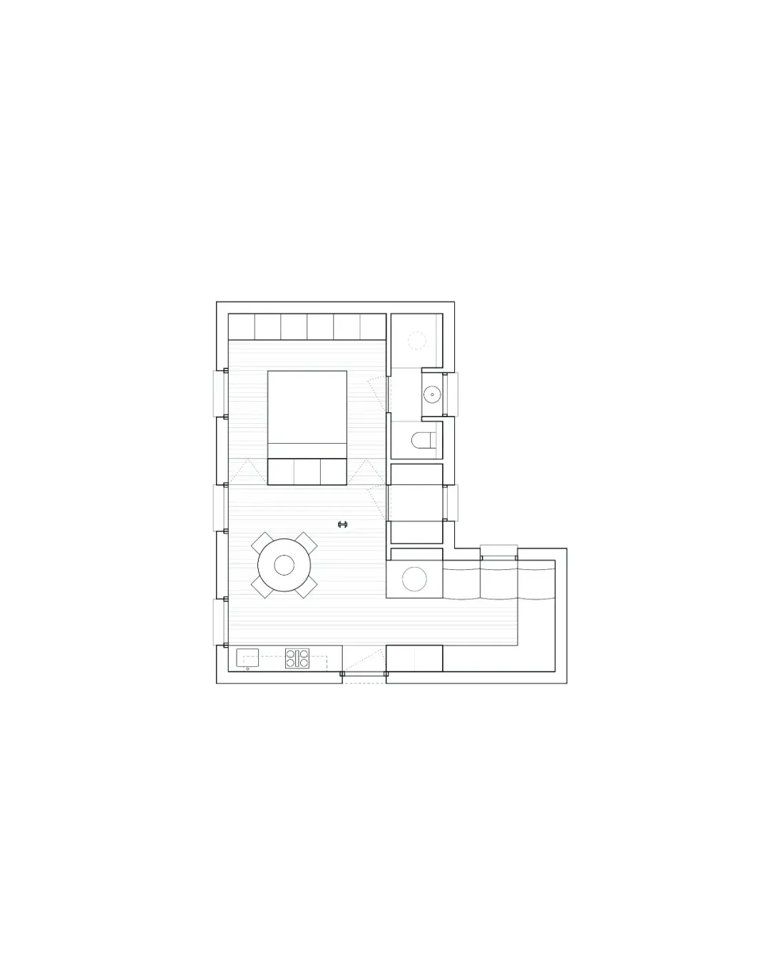 現代住宅的 2D 樓層平面圖，標示房間、水泥與木質材質，呈現中性色調與窗戶自然光線