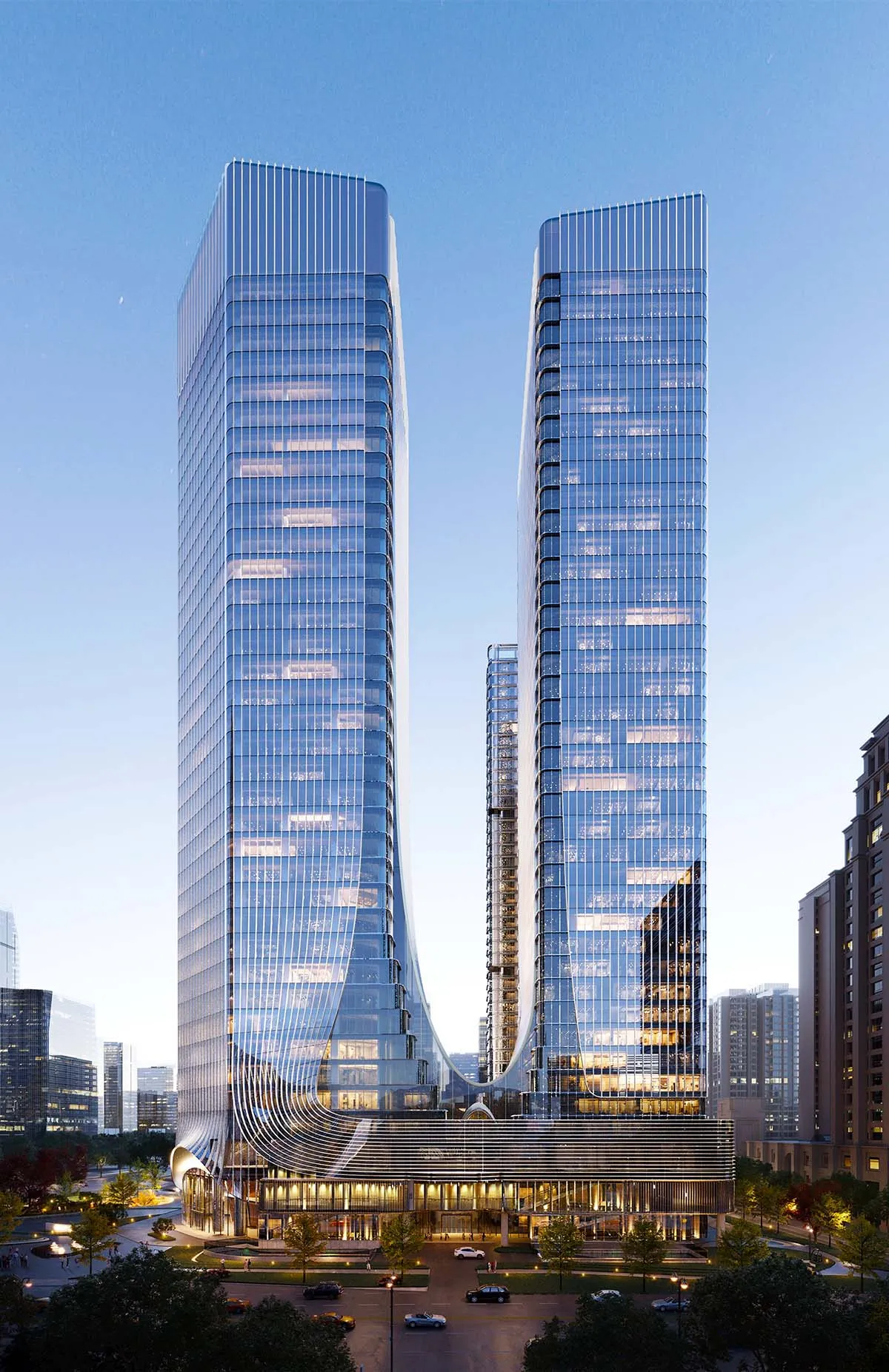 兩棟現代玻璃與鋼鐵建築，擁有眾多窗戶的繁華城市天際線