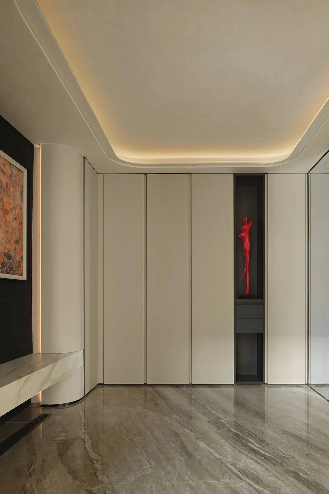 Empty modern room with white walls, a large window in the ceiling, and two white doors leading to another room