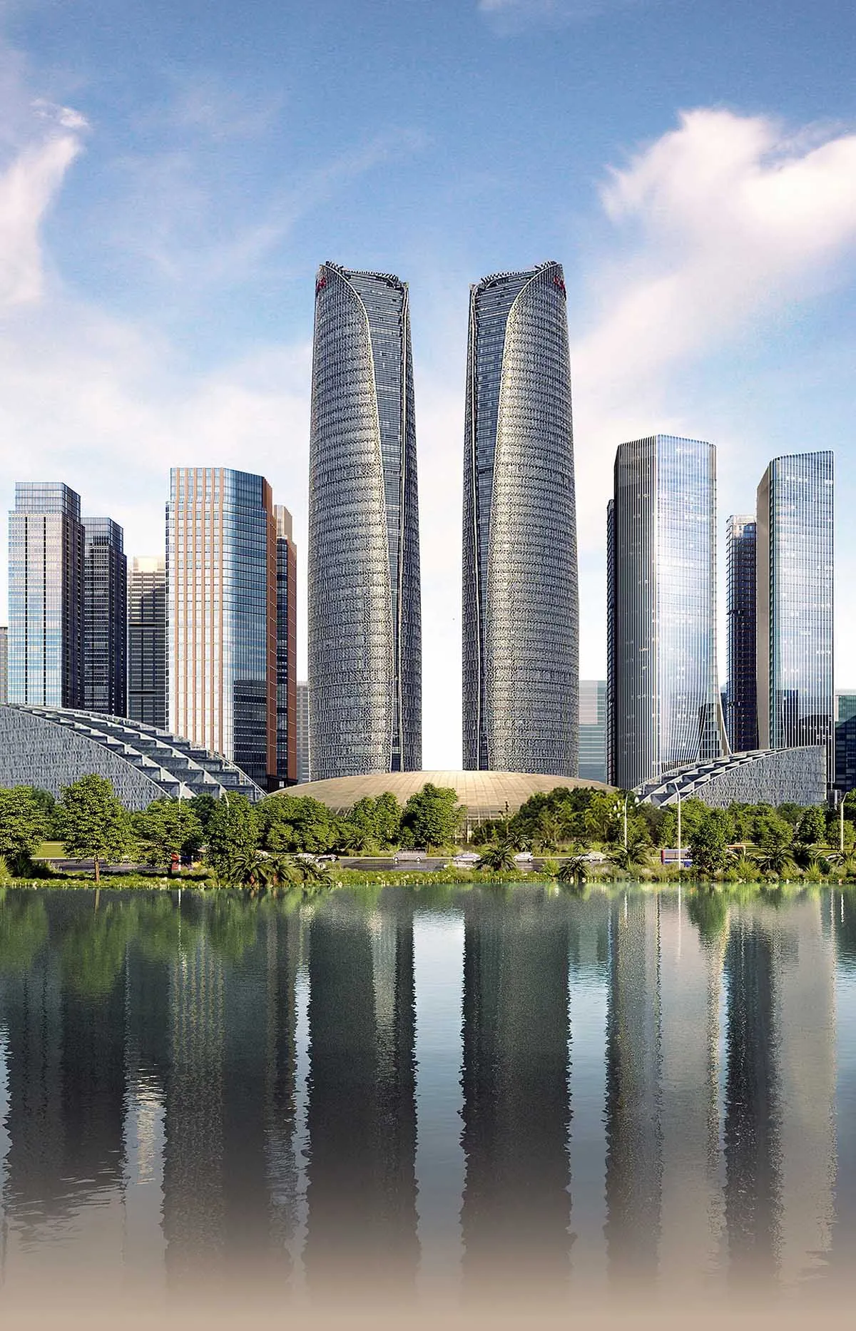 Two modern buildings with glass facades and steel frames, situated on a serene lake shore with surrounding water and natural scenery