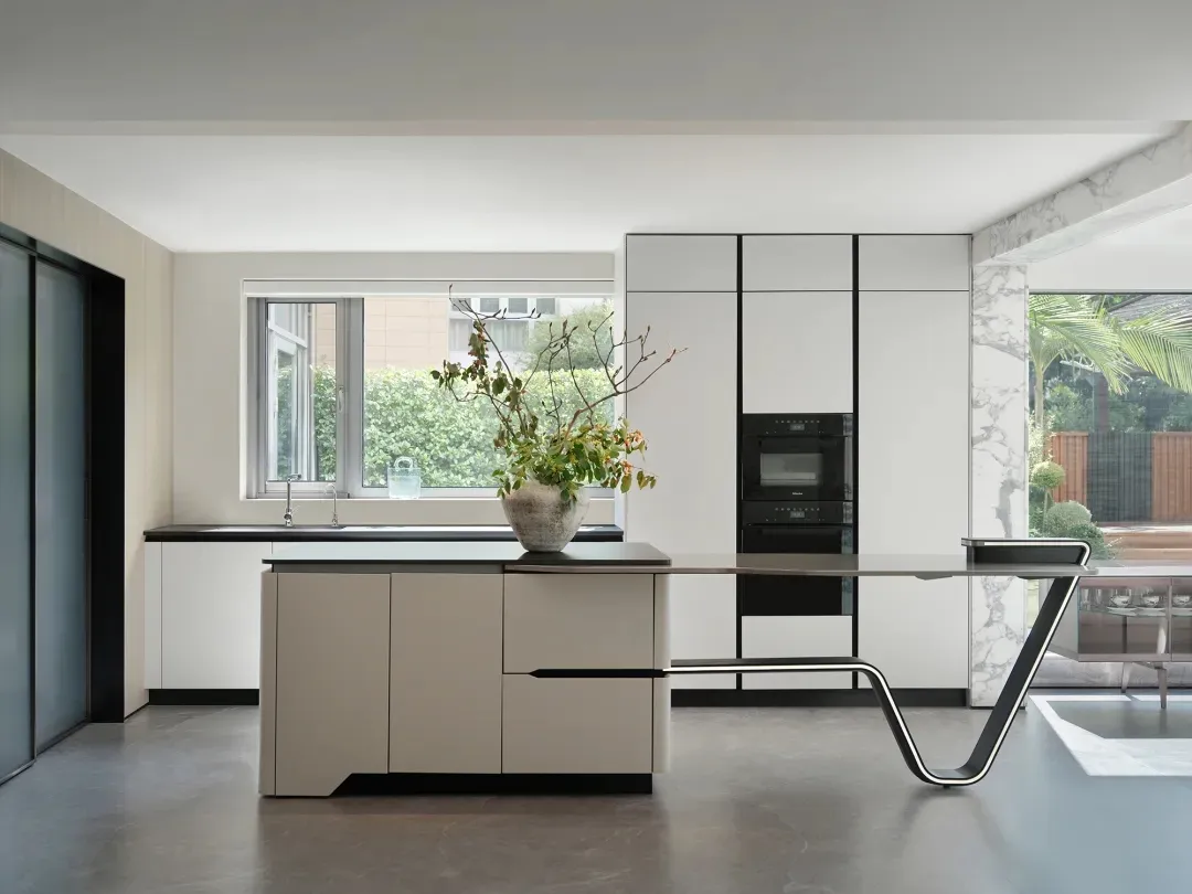 Modern kitchen with white cabinets, black countertops, and stainless steel appliances, featuring two potted plants and a sleek contemporary design