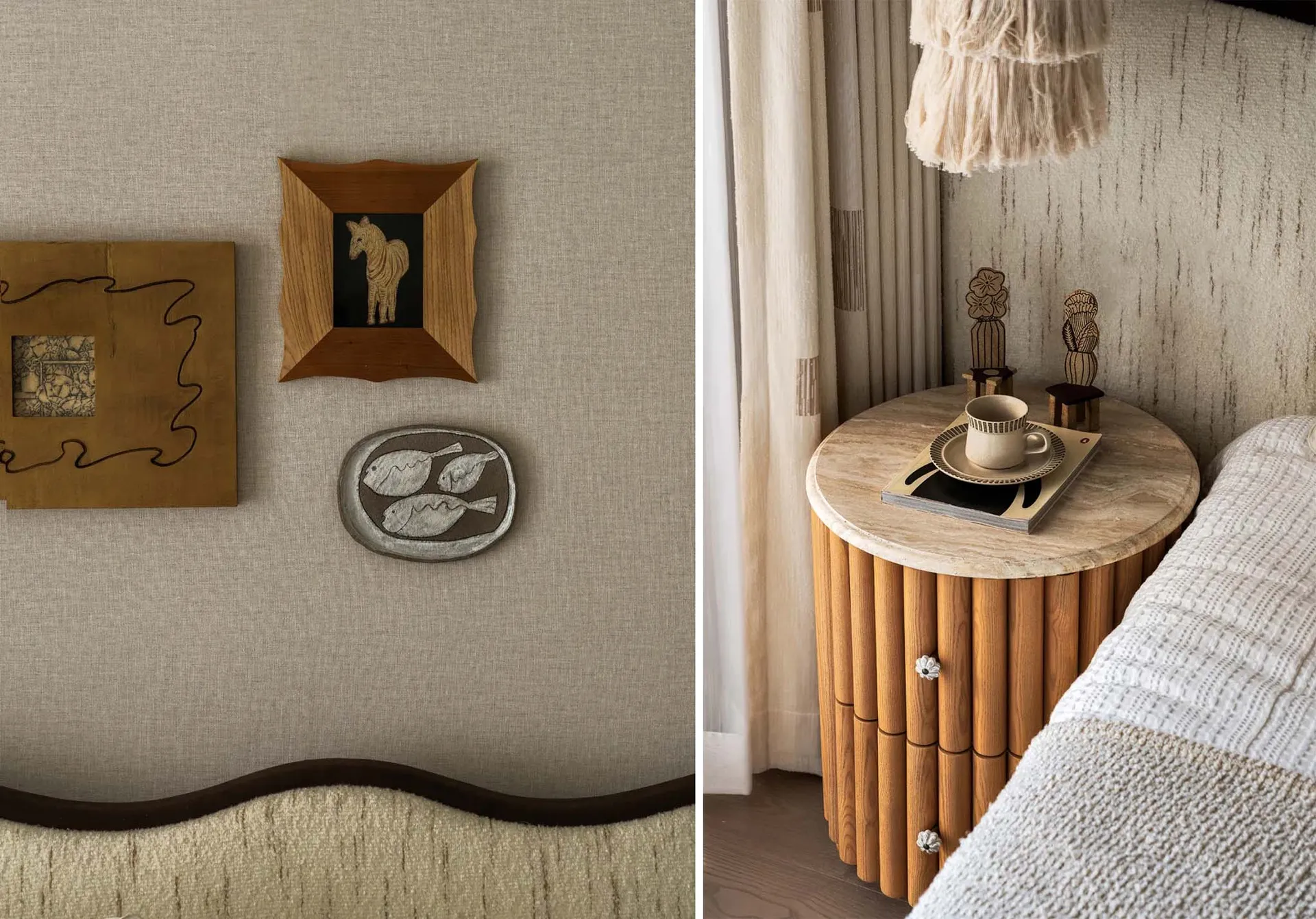 A well-lit bedroom with wall decor, a wooden dresser, and a fish plate, creating a comfortable atmosphere