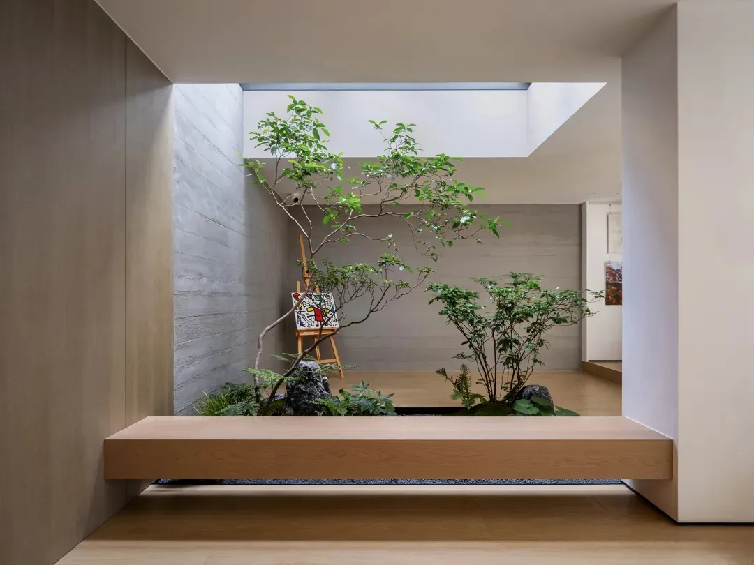A cozy indoor space with a wooden bench and several potted plants, creating a warm and inviting atmosphere