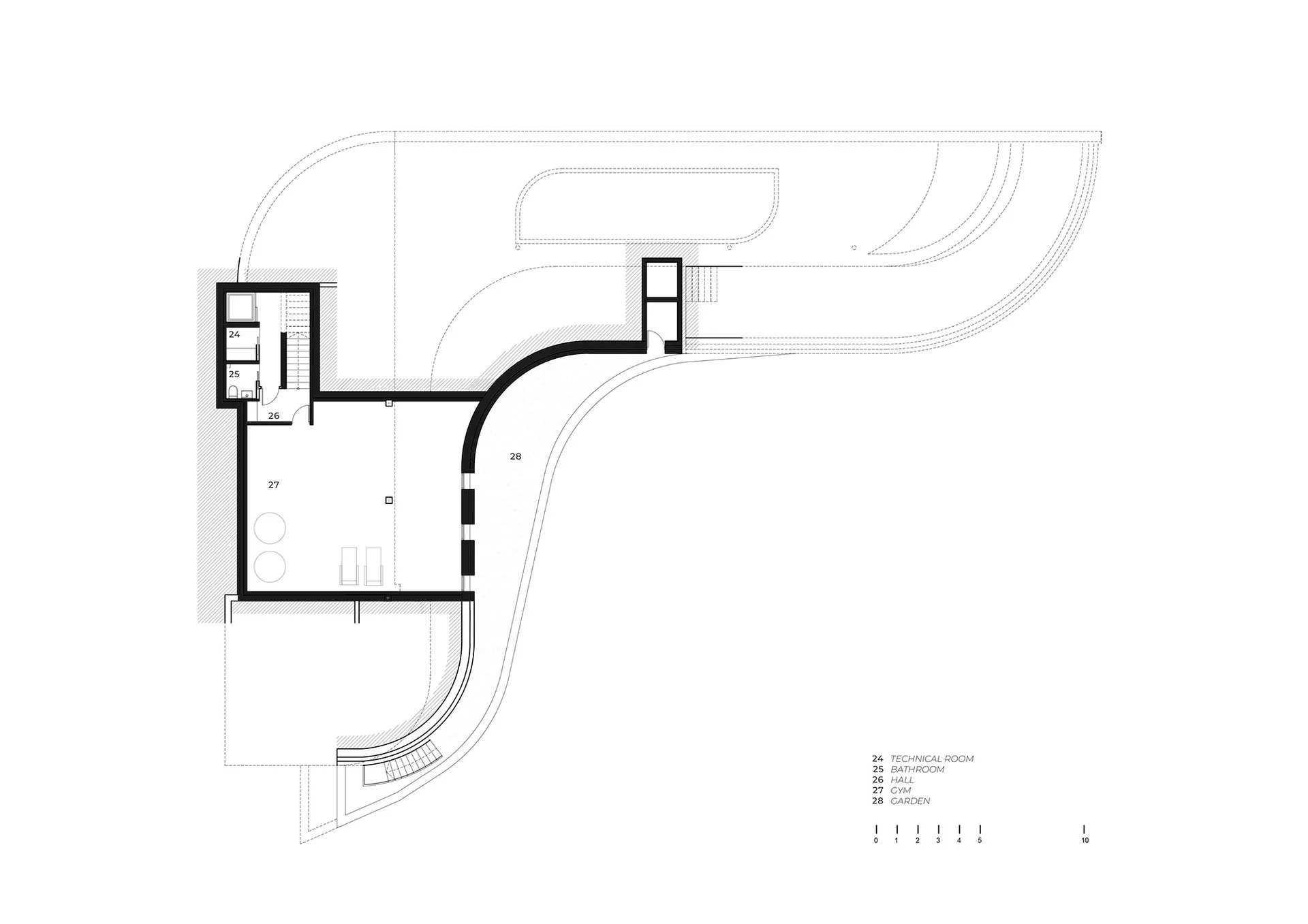2D schematic diagram of a modern house with a large open area, featuring several rooms, including a kitchen and a living room