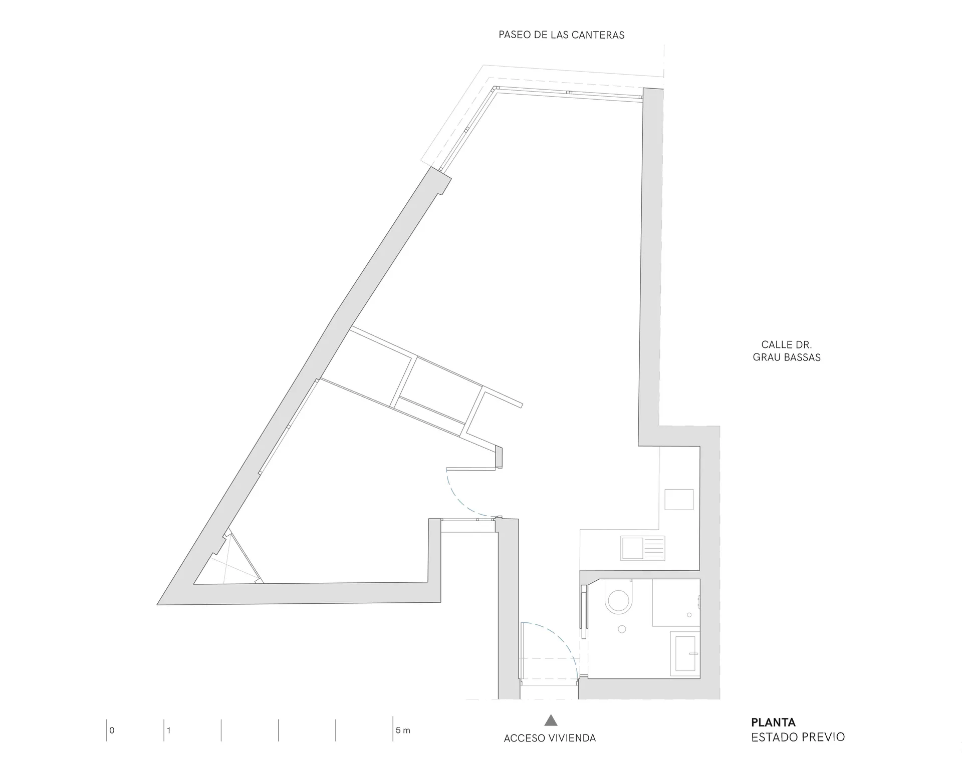 Black and white floor plan of a residential building with multiple rooms, dimly lit, and featuring concrete materials