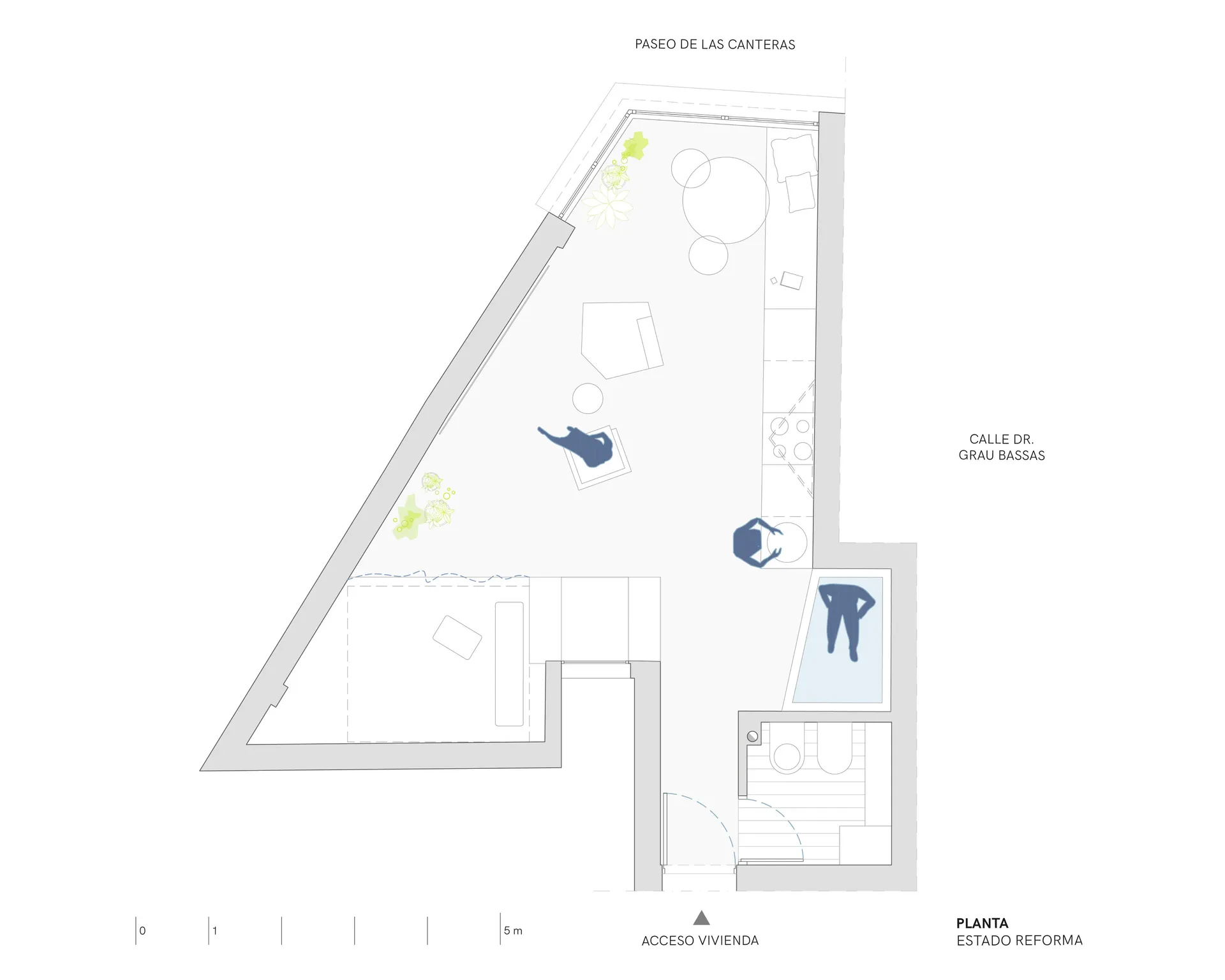 A modern home with a living area, dining area, kitchen, and bedroom, connected by hallways, featuring various furniture pieces and a comfortable atmosphere