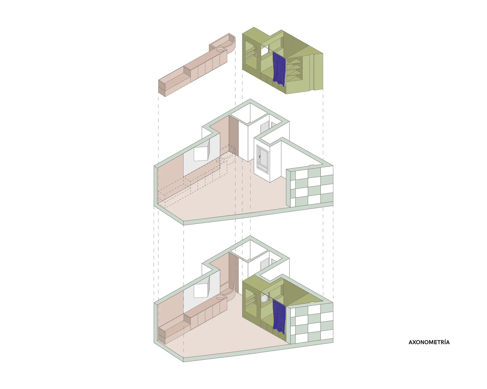Three-section architectural rendering of a modern house with clean lines, minimalistic design, and neutral tones, featuring concrete and glass materials, and natural light from windows