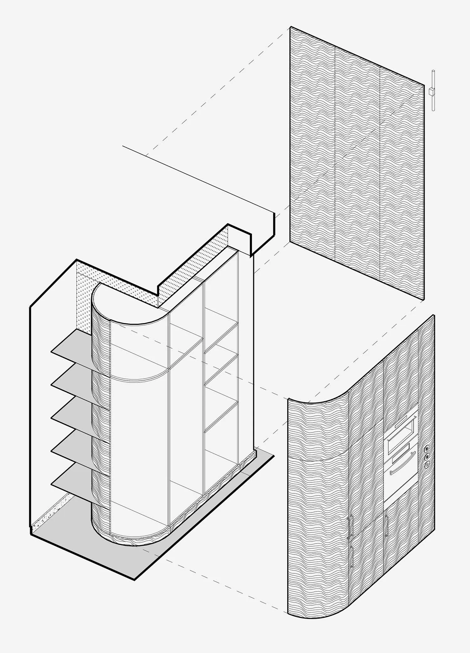 Black and white floor plan of an office with a doorway and hallway, featuring linework and labels