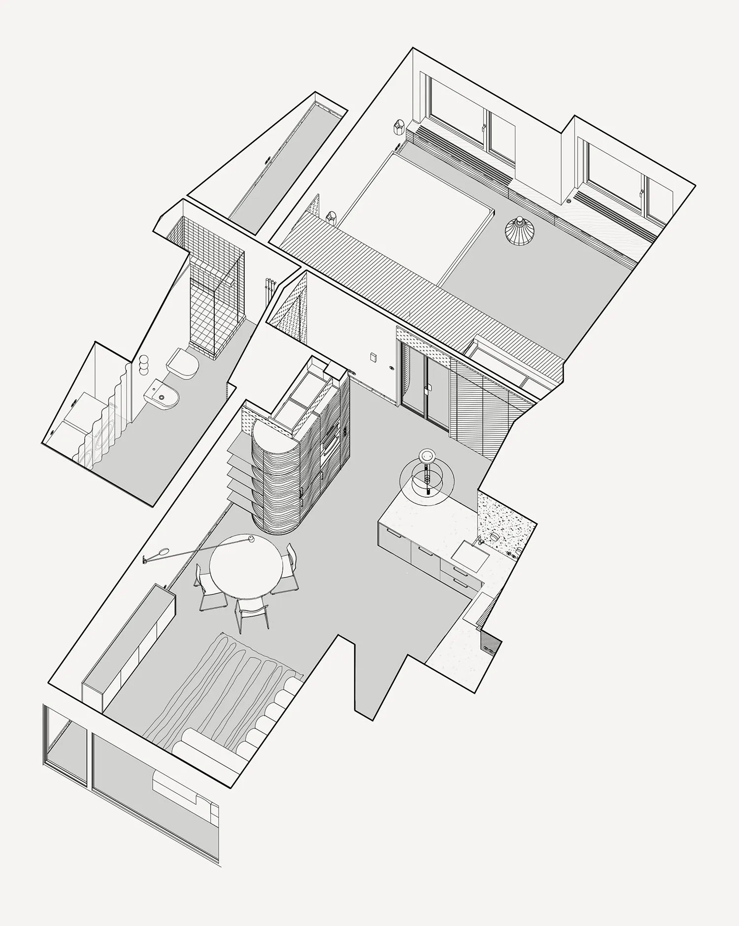 Empty black and white floor plan showing a minimalist home layout with a kitchen, dining area, and living room, featuring chairs and a focus on basic layout and furnishings